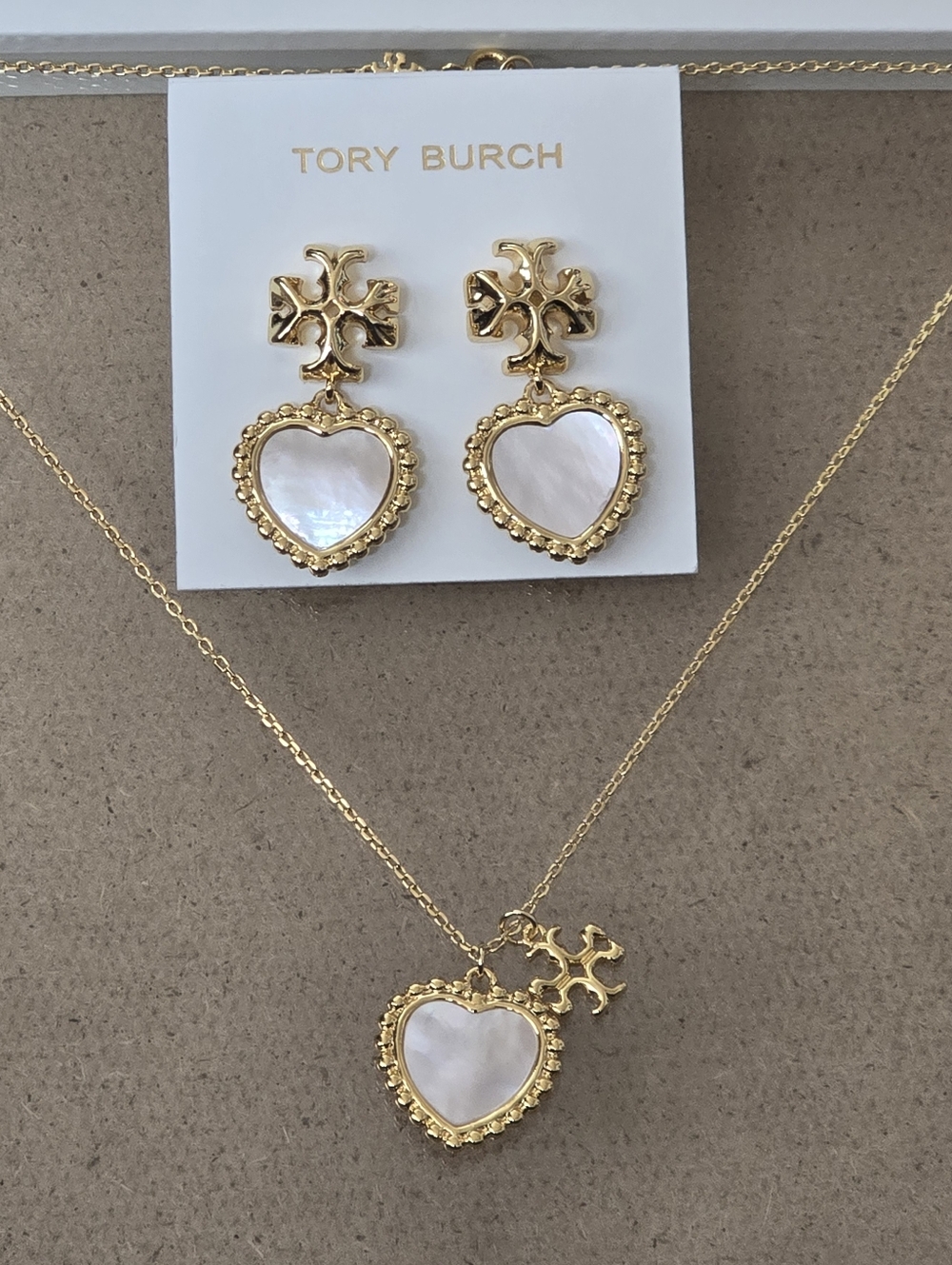 Tory Burch Gold and Mother-of-Pearl Heart Necklace and Earring Set